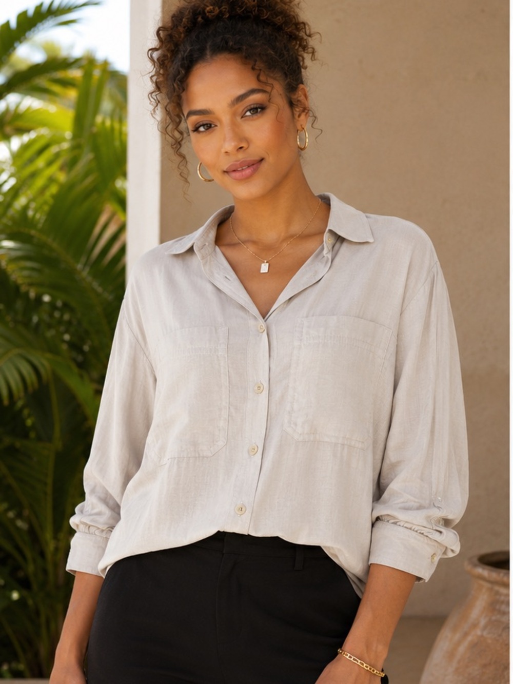 Banana Republic Light Beige Silky Button-Down Shirt